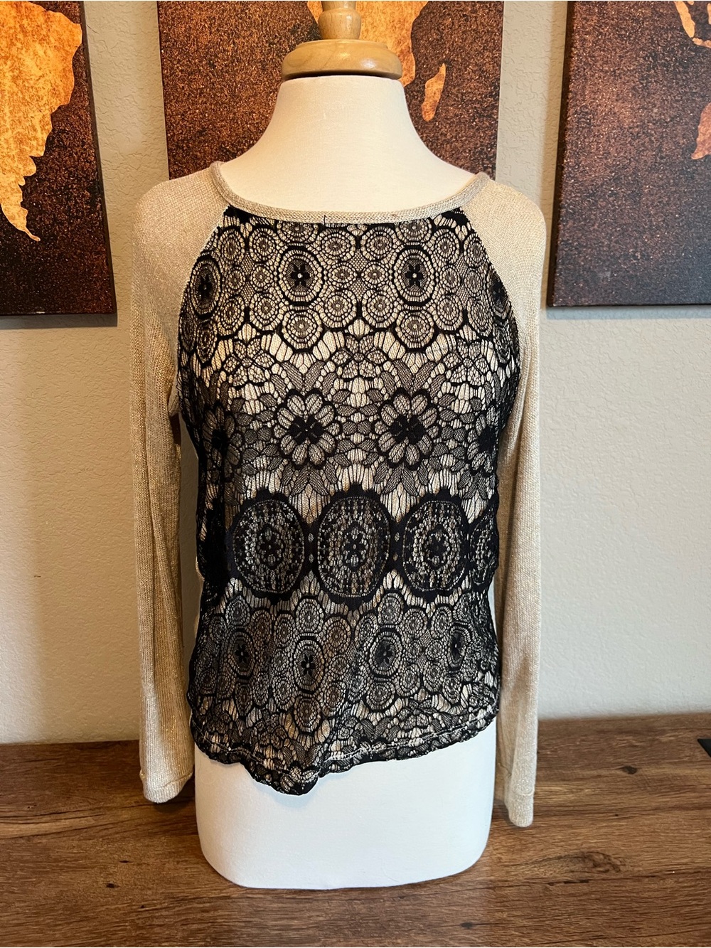 Market & Spruce Beige Long-Sleeve Top with Black Lace Overlay
